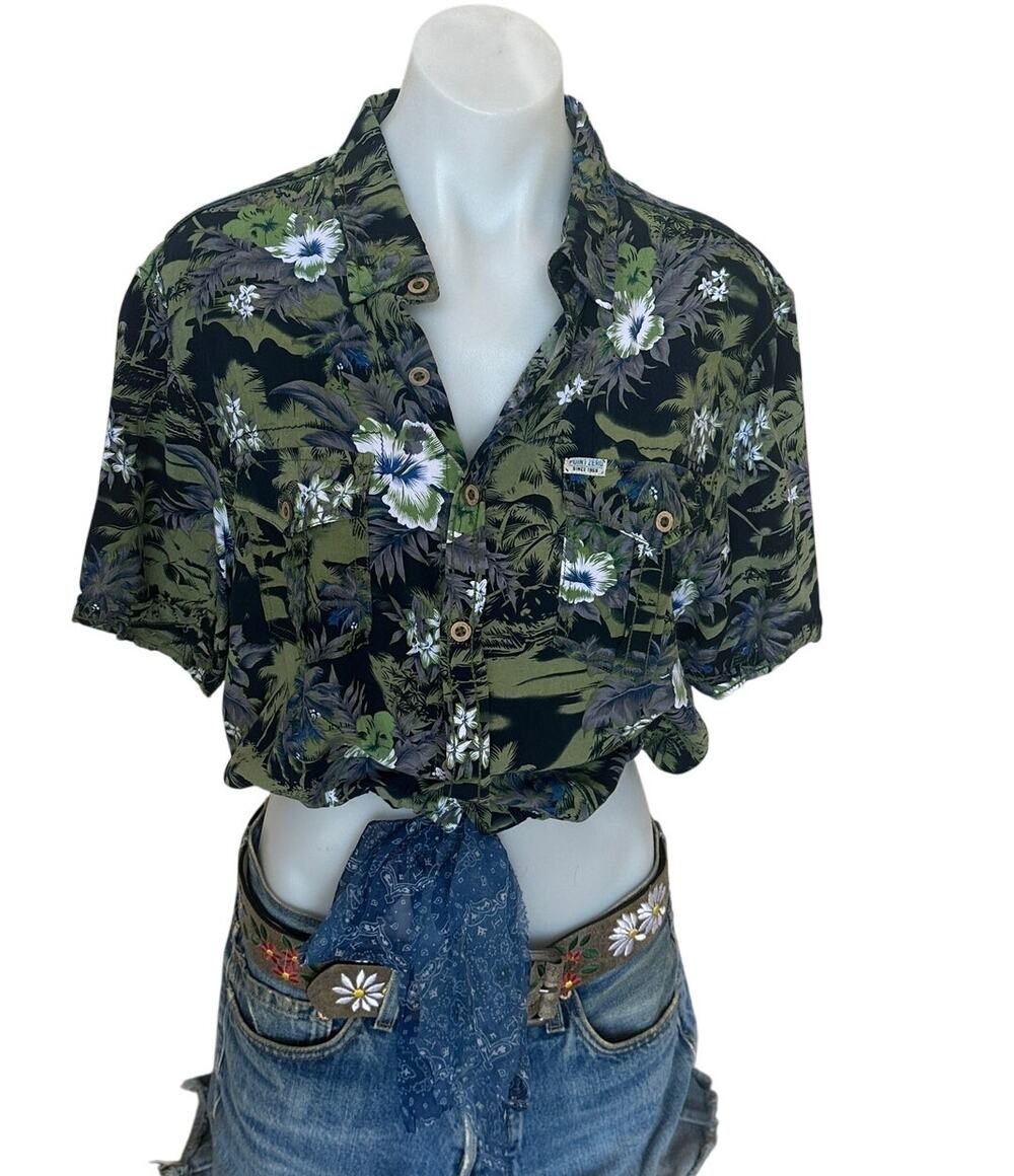Hawaiian Shirt Tropical Button Down Crop Top One Size Oversized Hibiscus Unique